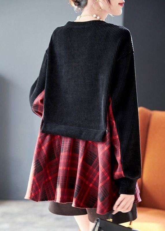 Loose Black O-Neck Plaid Patchwork Fake Two Pieces Sweatshirts Fall