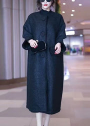 Loose Black O-Neck Pockets Woolen Coats Winter