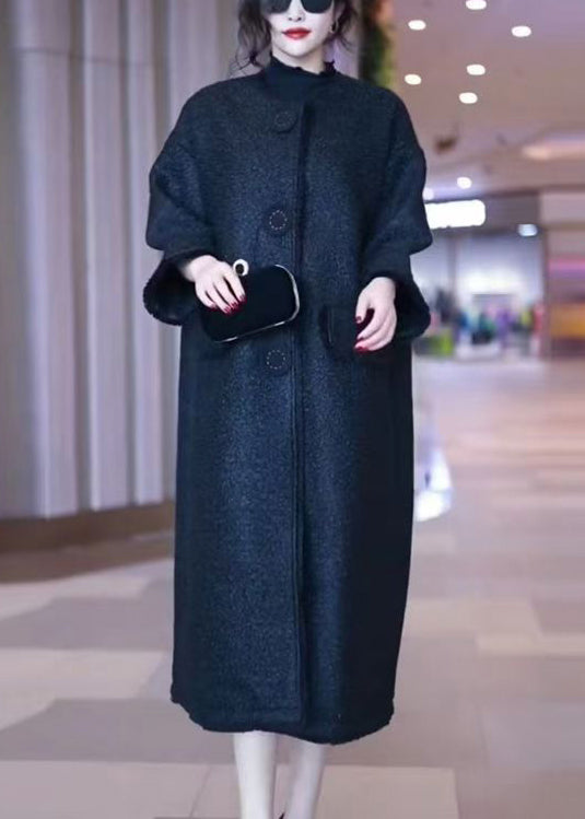 Loose Black O-Neck Pockets Woolen Coats Winter