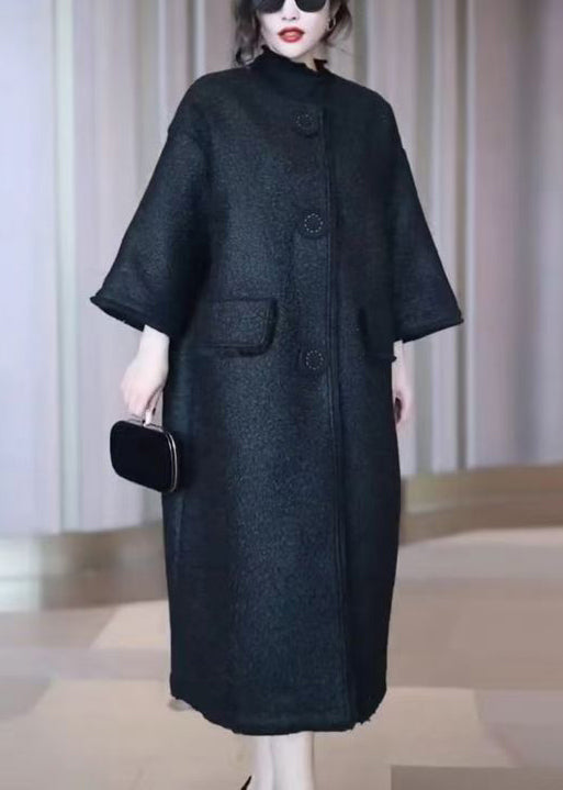 Loose Black O-Neck Pockets Woolen Coats Winter