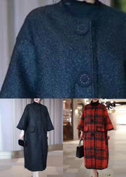 Loose Black O-Neck Pockets Woolen Coats Winter