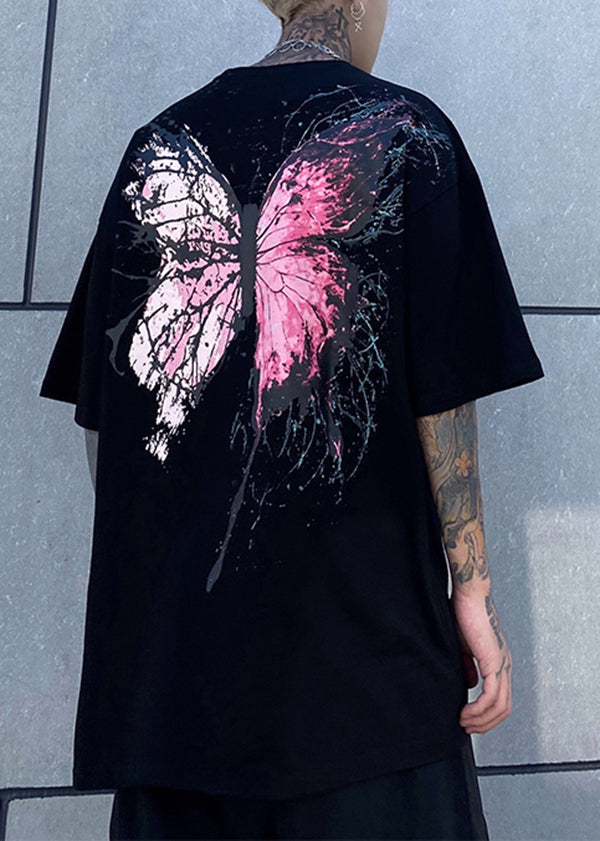 Loose Black O Neck Print Cotton Mens Graphic Tees Summer