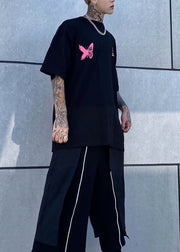 Loose Black O Neck Print Cotton Mens Graphic Tees Summer