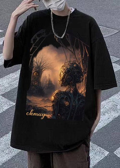 Loose Black O-Neck Print Cotton T Shirt Men Half Sleeve
