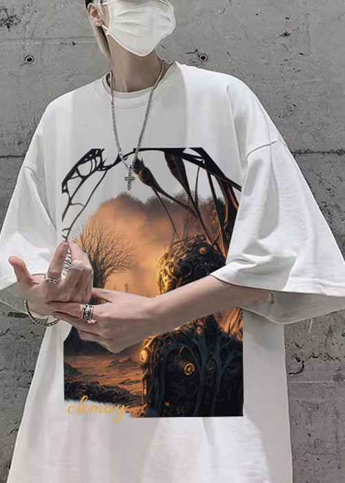 Loose Black O-Neck Print Cotton T Shirt Men Half Sleeve