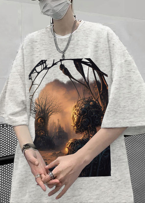Loose Black O-Neck Print Cotton T Shirt Men Half Sleeve