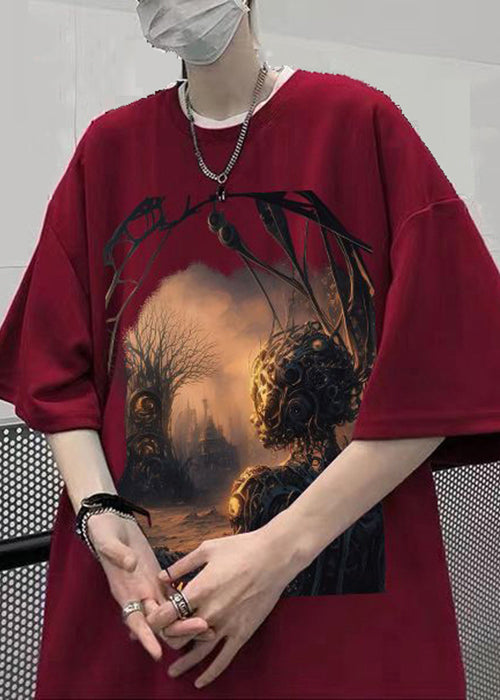 Loose Black O-Neck Print Cotton T Shirt Men Half Sleeve