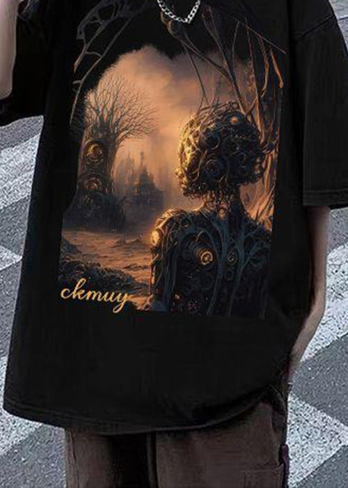 Loose Black O-Neck Print Cotton T Shirt Men Half Sleeve
