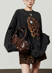 Loose Black O Neck Print Cotton T Shirt Tops Fall