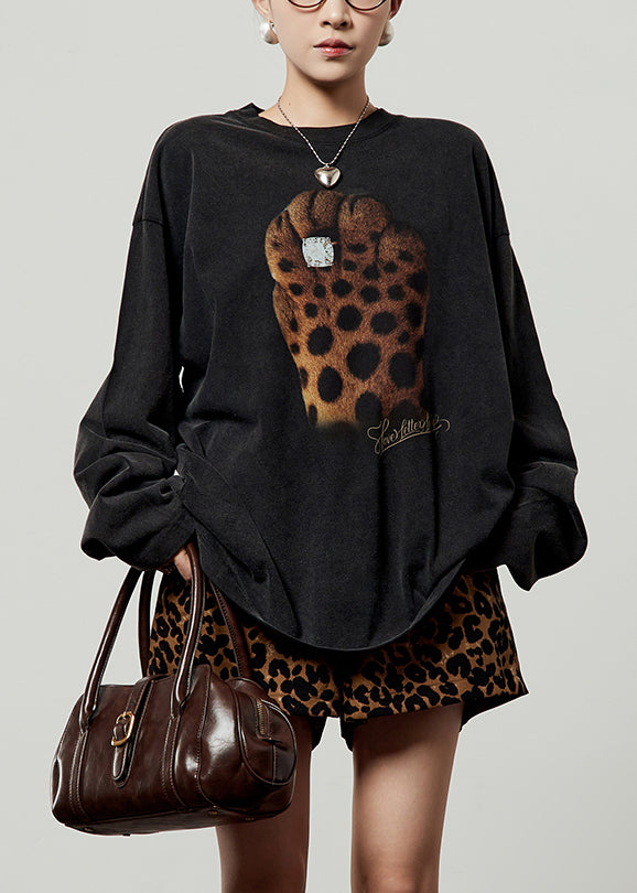 Loose Black O Neck Print Cotton T Shirt Tops Fall