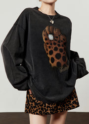 Loose Black O Neck Print Cotton T Shirt Tops Fall