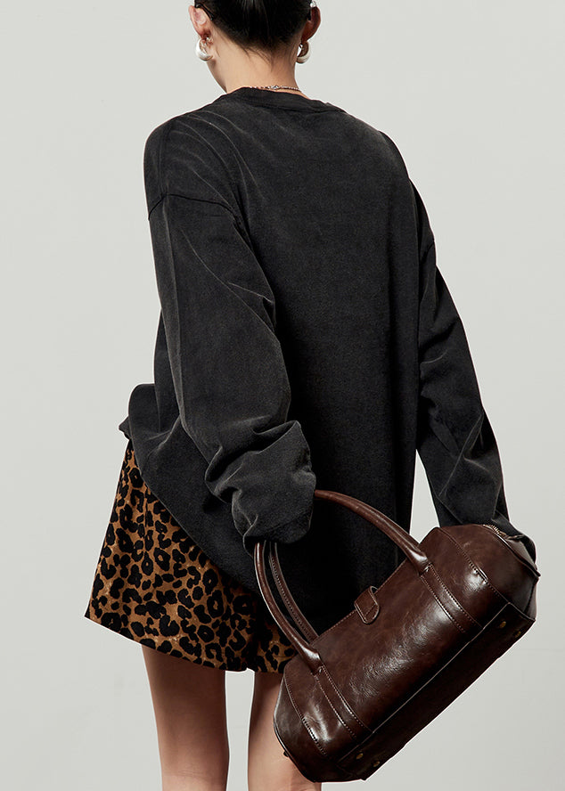 Loose Black O Neck Print Cotton T Shirt Tops Fall