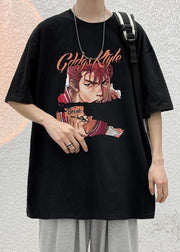 Loose Black O Neck Print Cotton T Shirts Men Summer