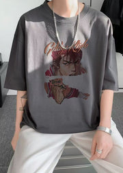 Loose Black O Neck Print Cotton T Shirts Men Summer