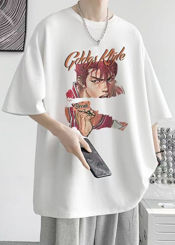 Loose Black O Neck Print Cotton T Shirts Men Summer