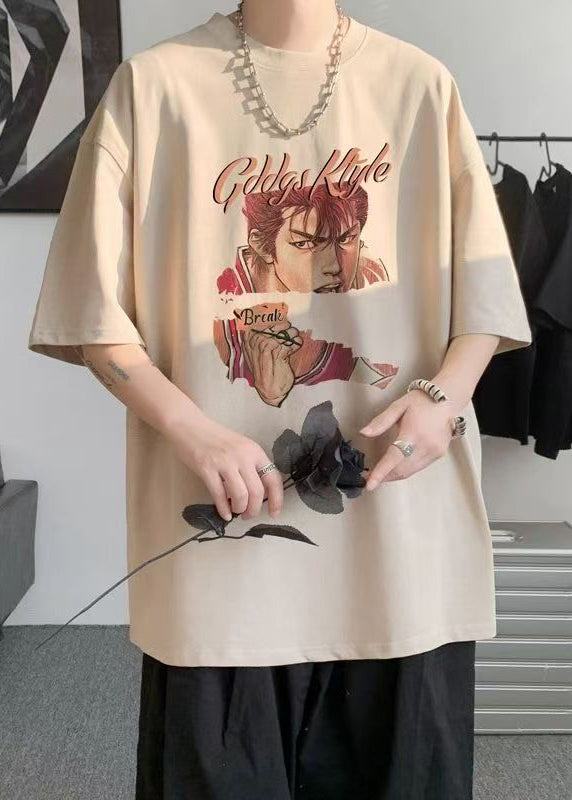 Loose Black O Neck Print Cotton T Shirts Men Summer
