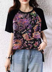 Loose Black O Neck Print Patchwork Cotton T Shirt Summer