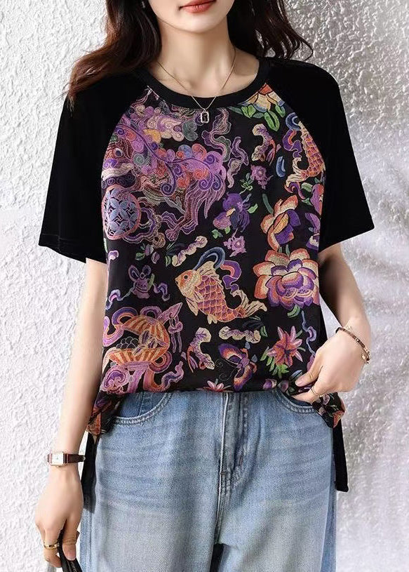Loose Black O Neck Print Patchwork Cotton T Shirt Summer