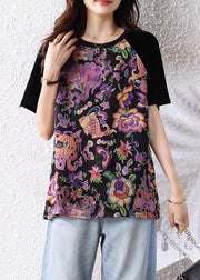 Loose Black O Neck Print Patchwork Cotton T Shirt Summer