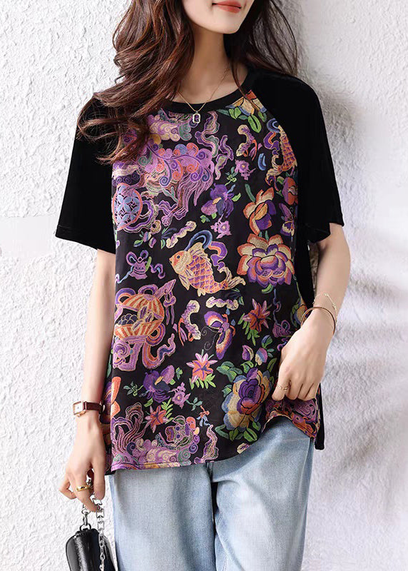 Loose Black O Neck Print Patchwork Cotton T Shirt Summer