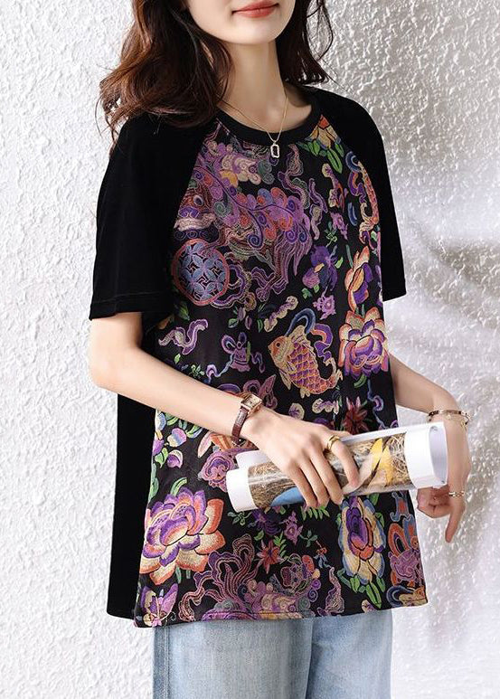 Loose Black O Neck Print Patchwork Cotton T Shirt Summer