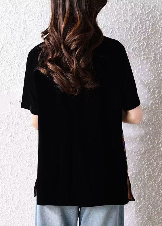 Loose Black O Neck Print Patchwork Cotton T Shirt Summer
