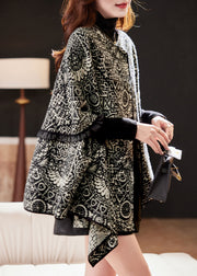 Loose Black O-Neck Print Patchwork Knit Coats Batwing Sleeve