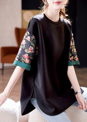 Loose Black O Neck Print Side Open Cotton T Shirts Summer