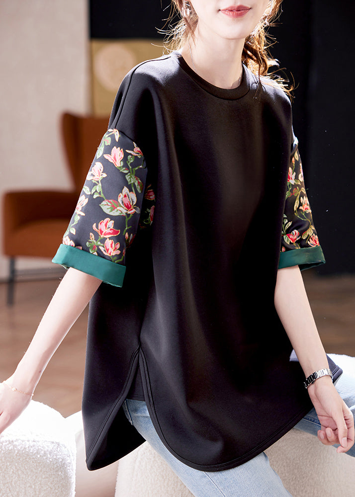 Loose Black O Neck Print Side Open Cotton T Shirts Summer