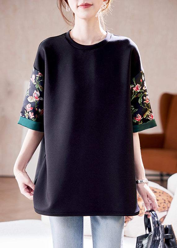 Loose Black O Neck Print Side Open Cotton T Shirts Summer