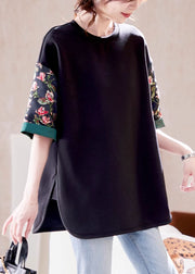 Loose Black O Neck Print Side Open Cotton T Shirts Summer