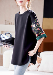 Loose Black O Neck Print Side Open Cotton T Shirts Summer