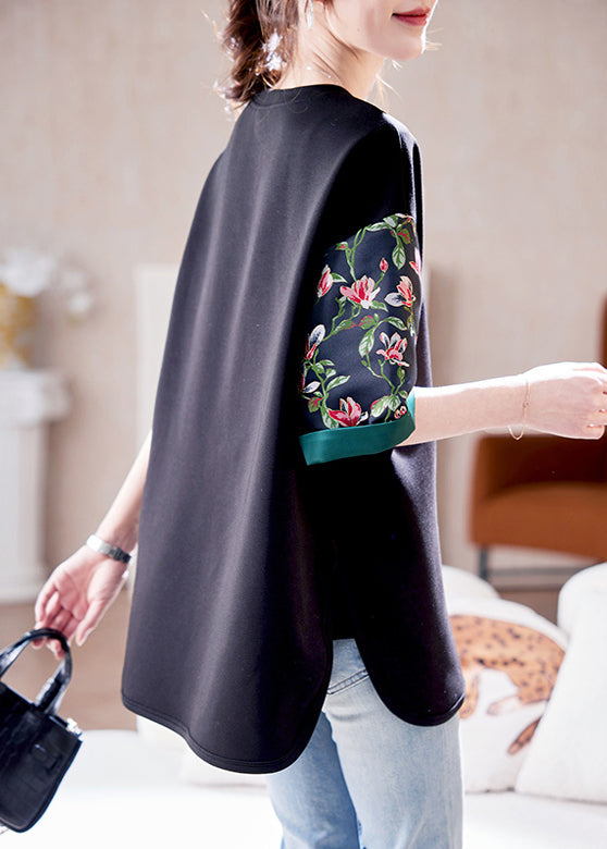 Loose Black O Neck Print Side Open Cotton T Shirts Summer