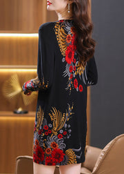 Loose Black O Neck Print Wool Knit Sweaters Dress Long Sleeve