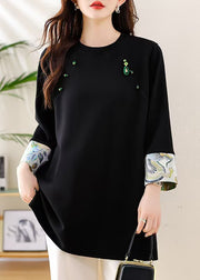 Loose Black O Neck Side Open Patchwork Cotton T Shirts Fall