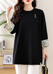 Loose Black O Neck Side Open Patchwork Cotton T Shirts Fall