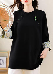 Loose Black O Neck Side Open Patchwork Cotton T Shirts Fall