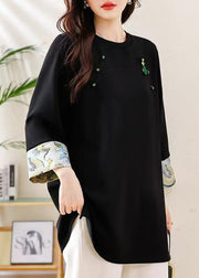 Loose Black O Neck Side Open Patchwork Cotton T Shirts Fall