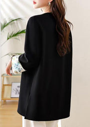 Loose Black O Neck Side Open Patchwork Cotton T Shirts Fall