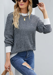 Loose Black O-Neck Striped Cozy Knit Sweater Spring