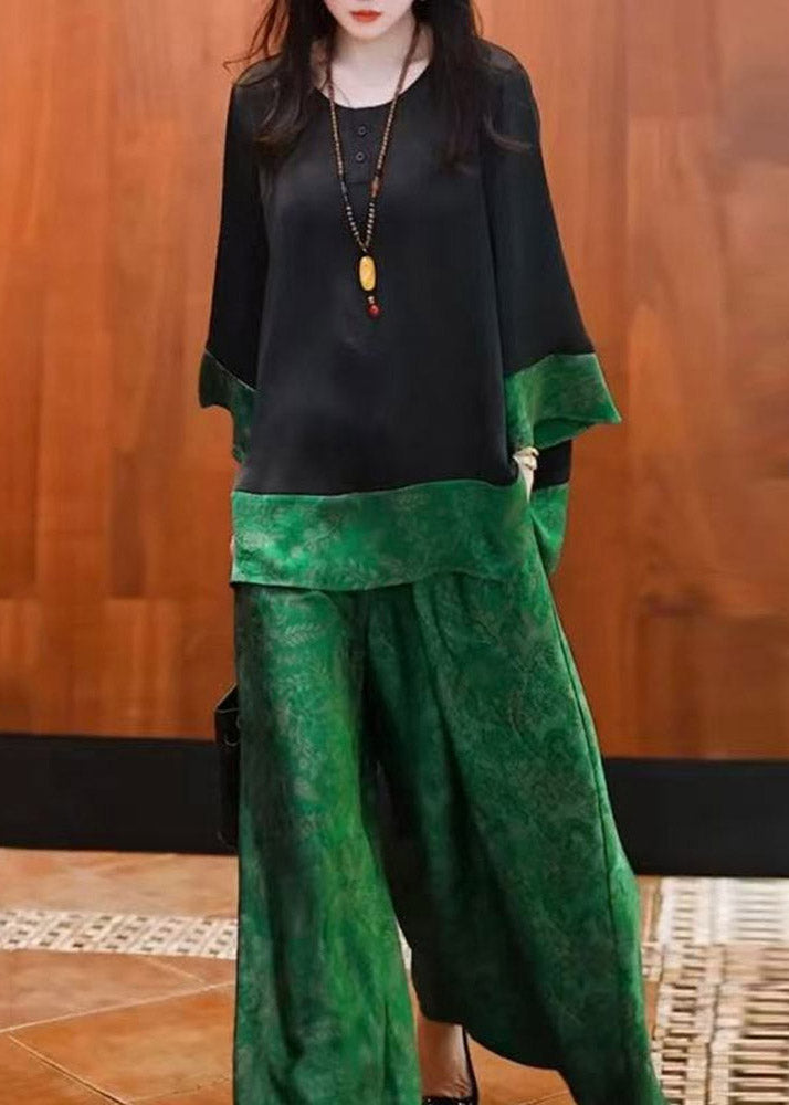 Loose Black O Neck Tops And Green Pants Patchwork Silk Two Pieces Set Fall