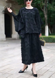 Loose Black O Neck Tops And Skirts Cotton Sets 2 Pieces Spring