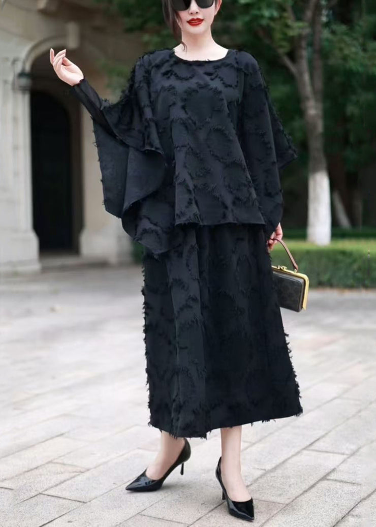 Loose Black O Neck Tops And Skirts Cotton Sets 2 Pieces Spring