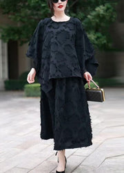 Loose Black O Neck Tops And Skirts Cotton Sets 2 Pieces Spring