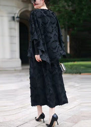 Loose Black O Neck Tops And Skirts Cotton Sets 2 Pieces Spring