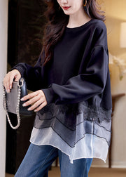 Loose Black O Neck Tulle Patchwork Cotton Sweatshirts Fall