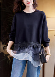 Loose Black O Neck Tulle Patchwork Cotton Sweatshirts Fall