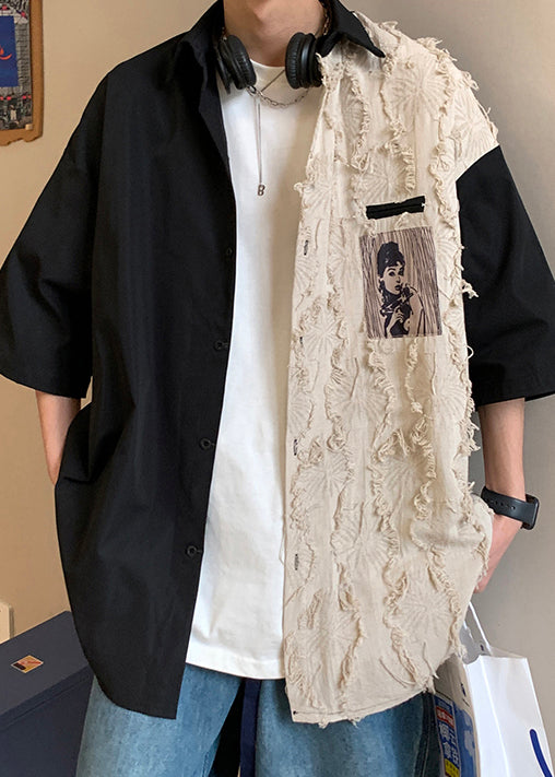 Loose Black Original Design Patchwork Cotton Men Shirts Half Sleeve