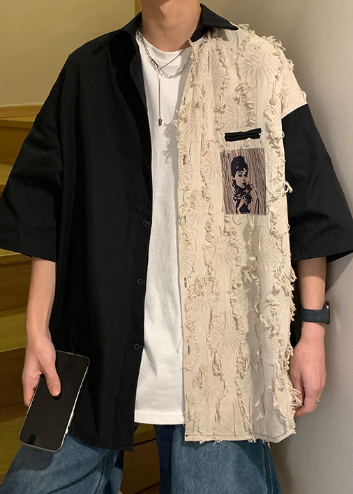 Loose Black Original Design Patchwork Cotton Men Shirts Half Sleeve