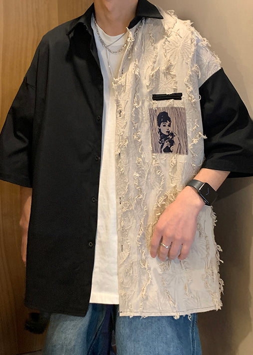 Loose Black Original Design Patchwork Cotton Men Shirts Half Sleeve